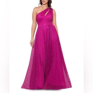 Magenta AQUA one shoulder crinkled metallic gown